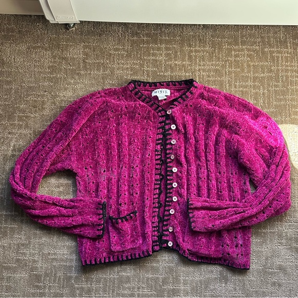 Vintage Magenta Contrast Black Stitch Cardigan - Picture 1 of 3